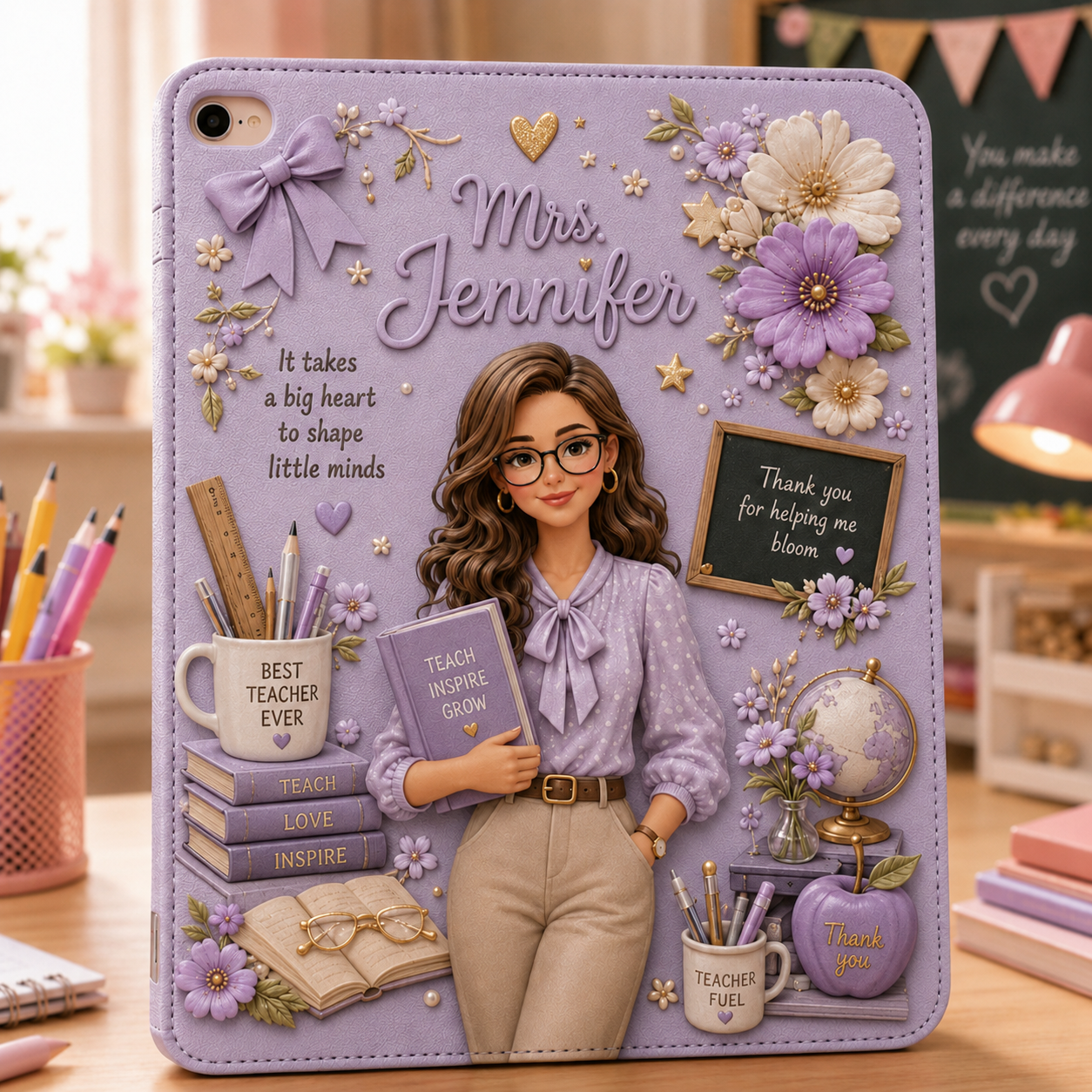 Personalized Teacher iPad Case with Custom Name – Floral Teacher Tablet Cover, Protective PU Leather Stand Case, Teacher Appreciation Gift