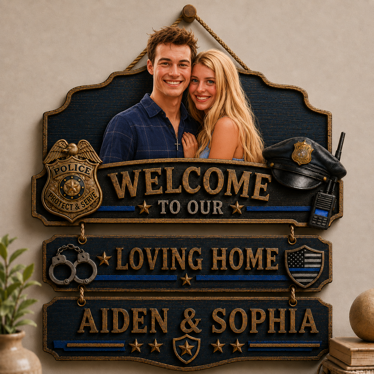 Personalized Police Welcome To Our Loving Home Pallet Wood Sign – Custom Photo Rustic Wall Decor