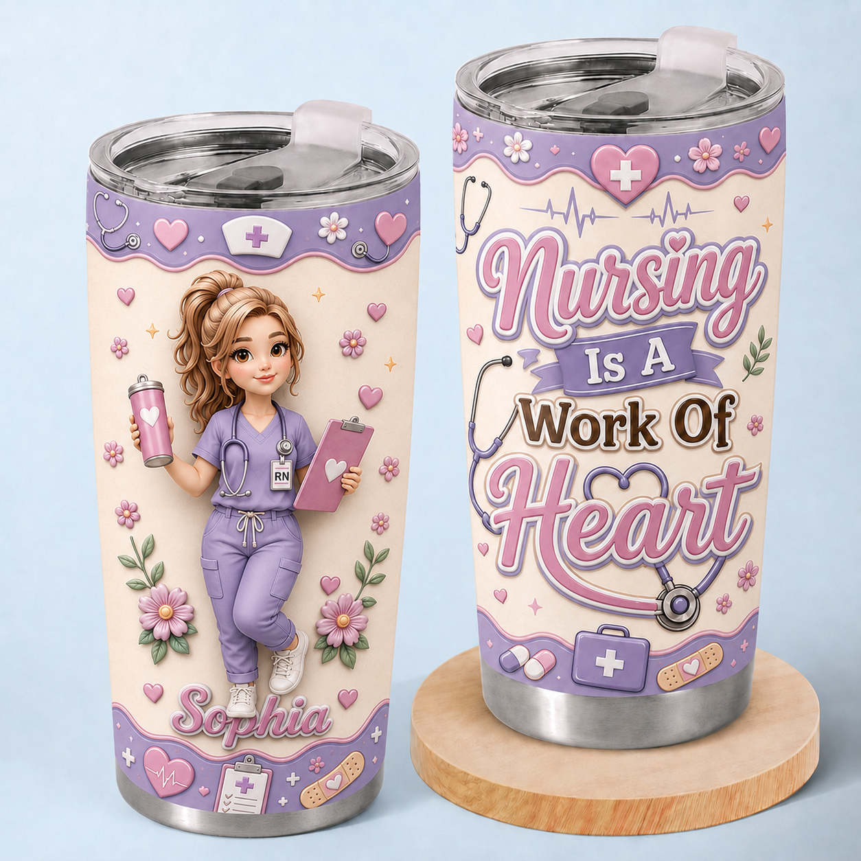 Personalized Nurse Tumbler – Nursing Is A Work Of Heart Custom Name 20oz Stainless Steel Cup