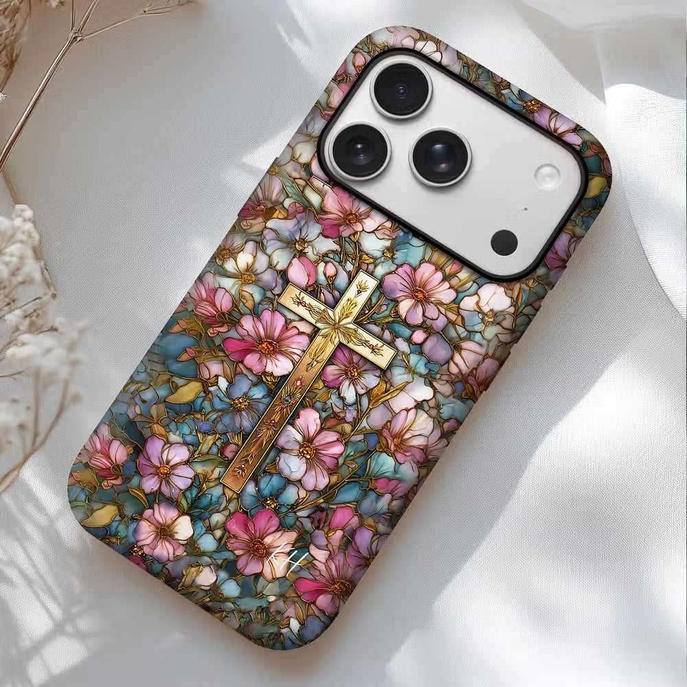 Personalized Cross Floral Stained Glass Phone Case with Letter for iPhone Anniversary Birthday Gift for Friend Family Woman