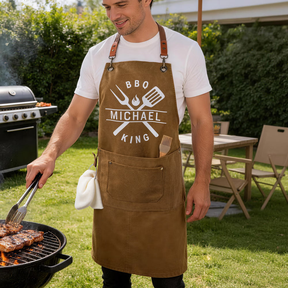 Personalised BBQ King Canvas Apron with Name and Pocket Kitchen Accessory Father's Day Birthday Anniversary Gift for Dad Husband Cooking Lover
