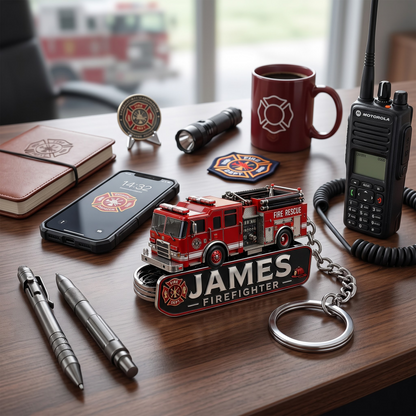 Personalized Firefighter Keychain, Custom Name Fire Truck Keychain, Firefighter Gift for Dad, Husband, Brother & Fireman