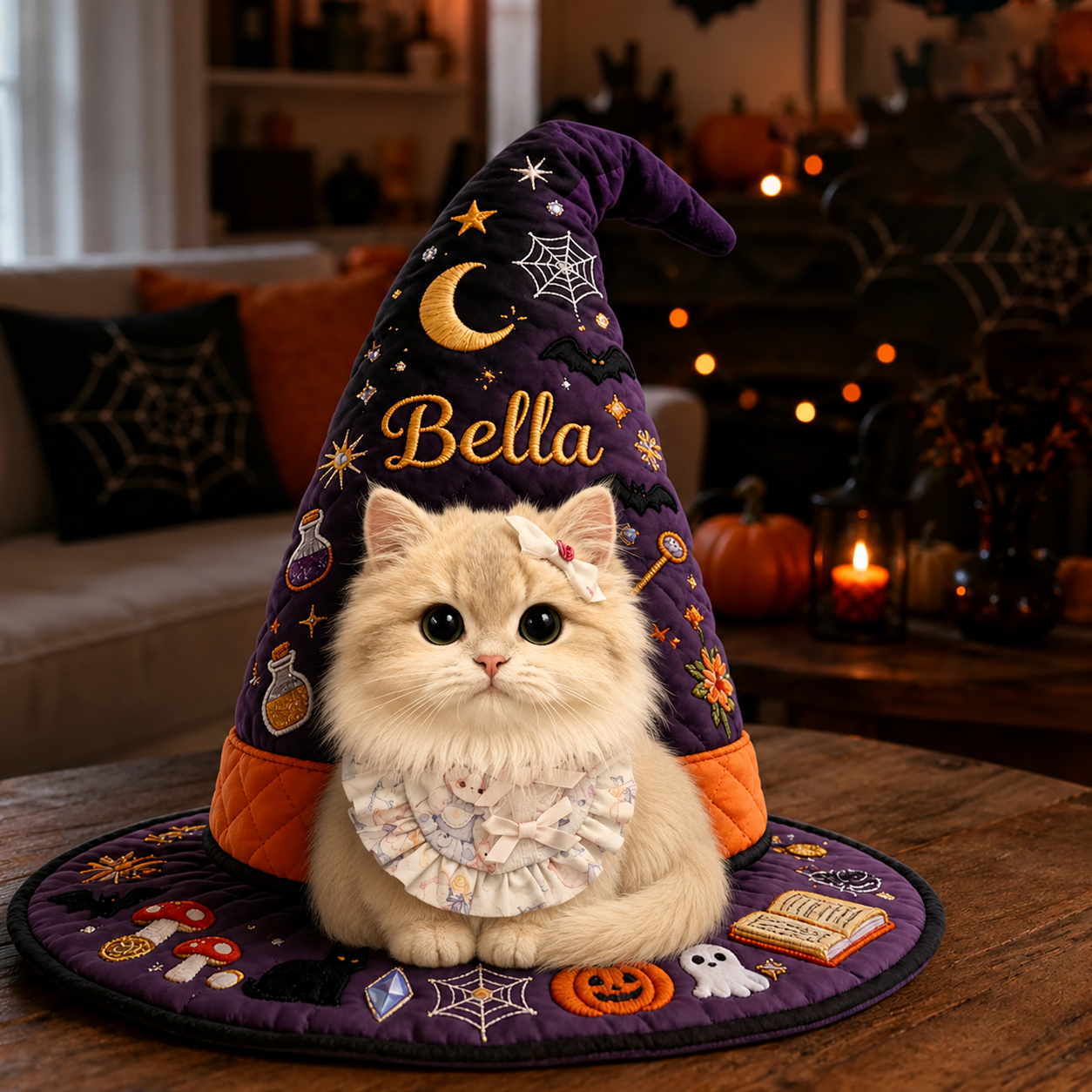 Personalized Cat Witch Hat With Custom Name – Halloween Gift For Cat Lovers, Cute Pet Costume Keepsake
