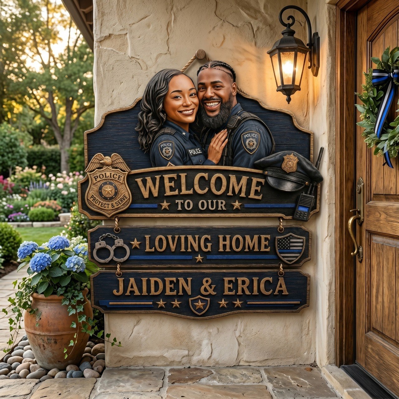 Personalized Police Welcome To Our Loving Home Pallet Wood Sign – Custom Photo Rustic Wall Decor