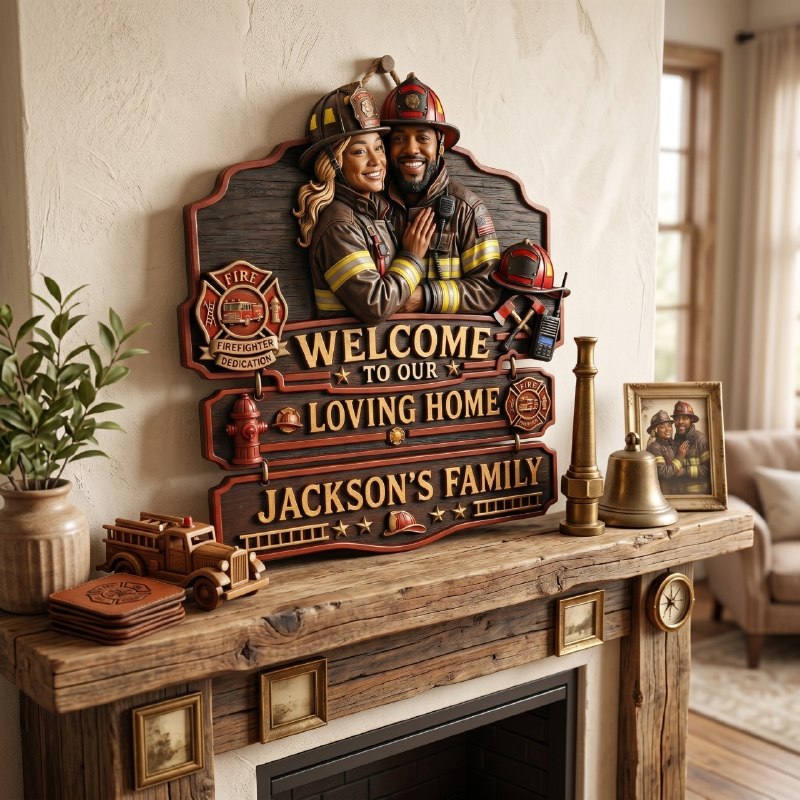 Personalized Firefighter Welcome To Our Loving Home Pallet Wood Sign – Custom Photo Rustic Wall Decor