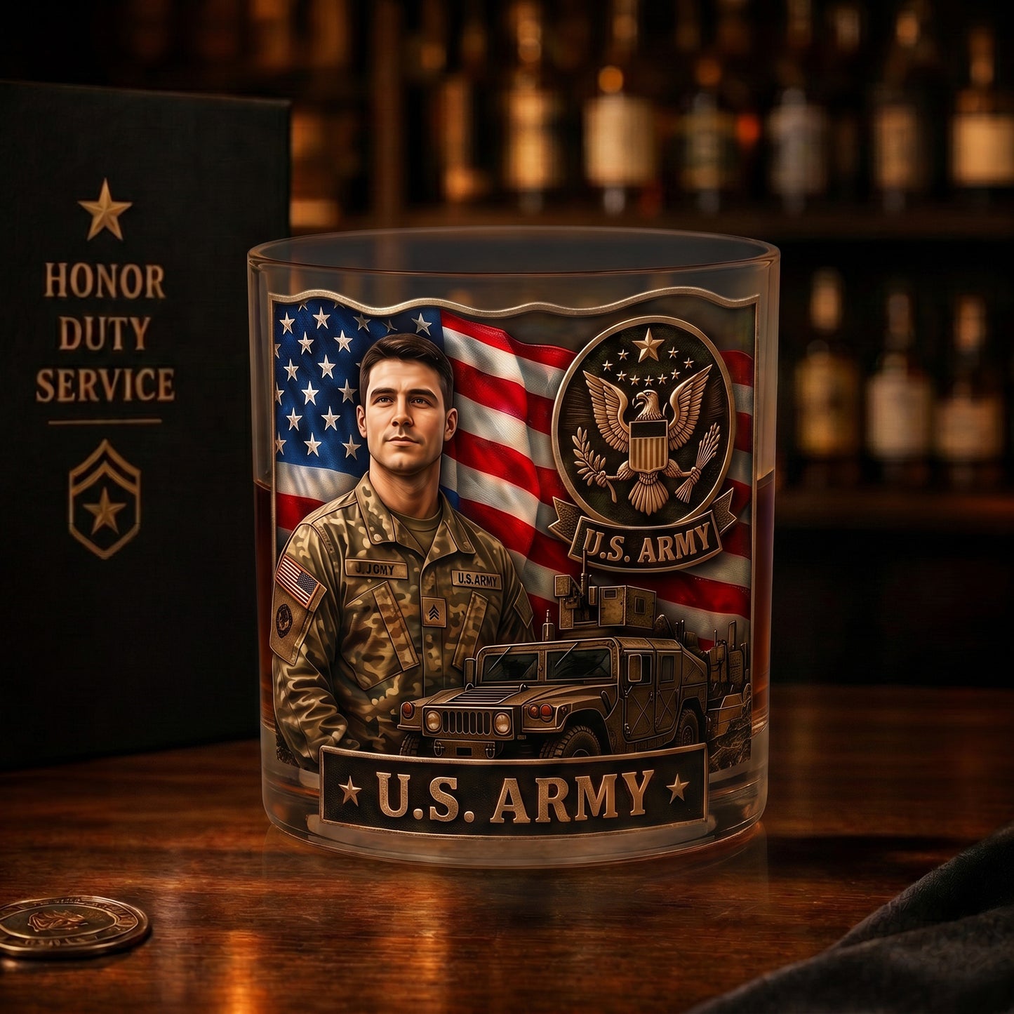 Personalized U.S. Army Custom Photo Whiskey Decanter, Glass & Coaster Set – Military Veteran Gift