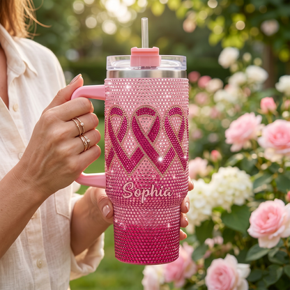 Custom Name Breast Cancer Survivor Gift – Personalized Pink Ribbon 40oz Tumbler With Handle
