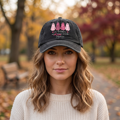 Custom Breast Cancer Distressed Washed Cotton Printed Hat , In October We Wear Pink Ghost Hat, Cancer Support Hat, Cancer Awareness Shirt, Cancer Fighter Gifts