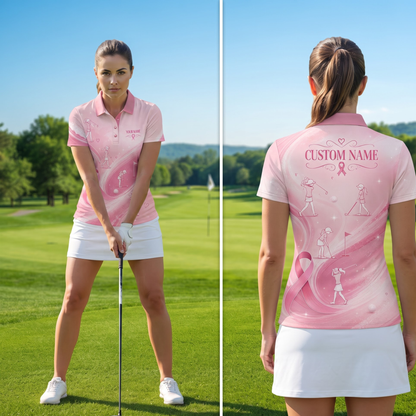 Personalized Funny Stick Figure Women’s Golf Polo Shirt – Breast Cancer Awareness Pink Golf Shirt
