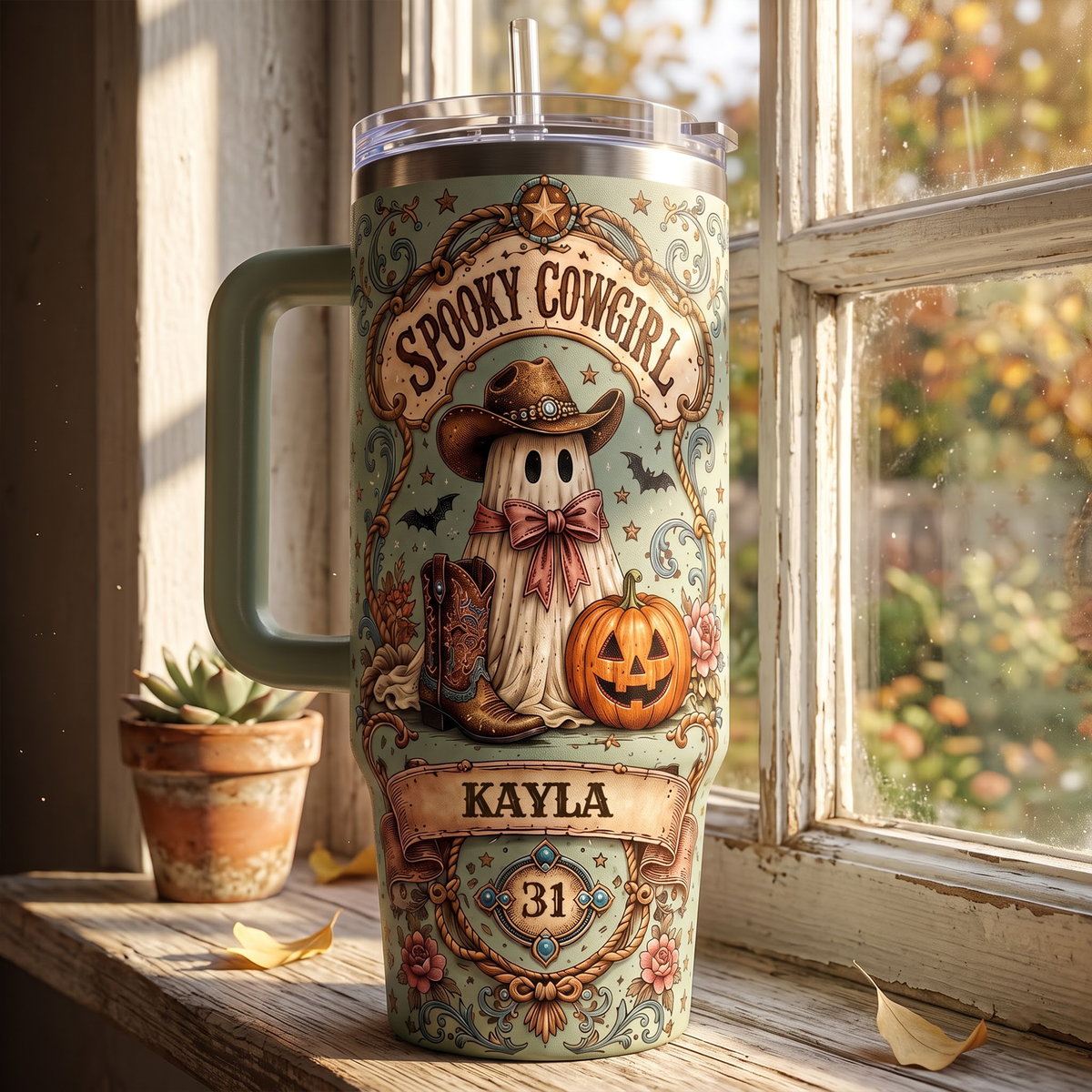 Personalized Spooky Cowgirl Tumbler 40oz, Custom Name Halloween Western Tumbler, Ghost Cowgirl Travel Mug with Handle, Cute Cowgirl Gift