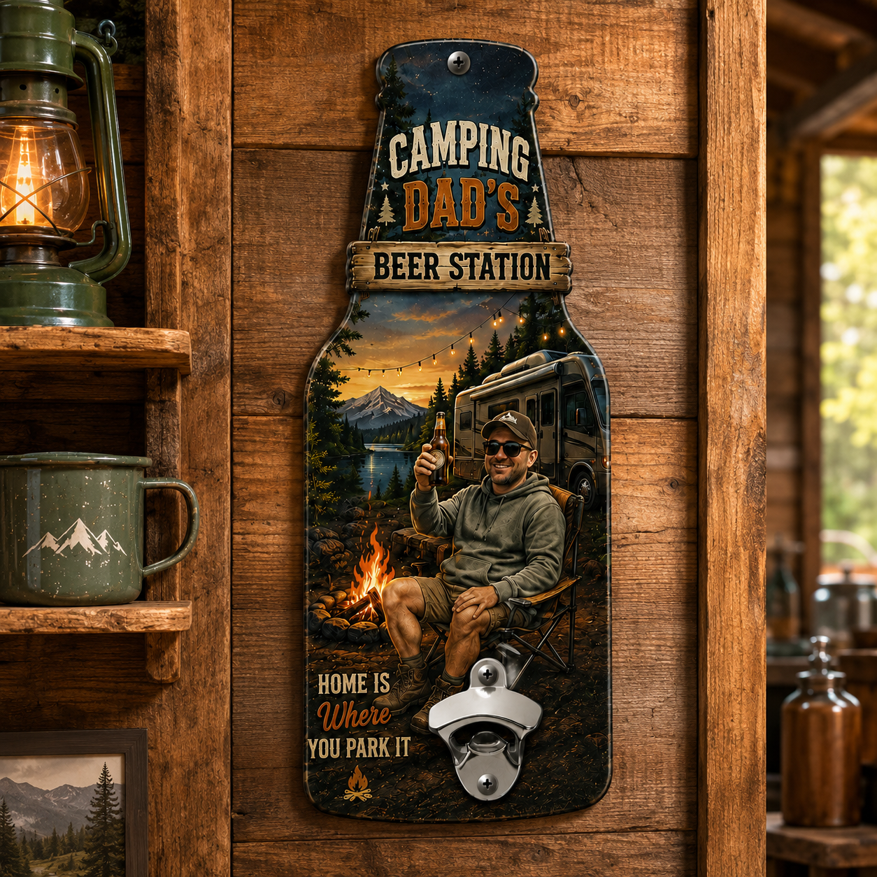 Personalized Camping Dad Photo Wall Bottle Opener – Custom RV Beer Station Metal Sign, Gift for Dad