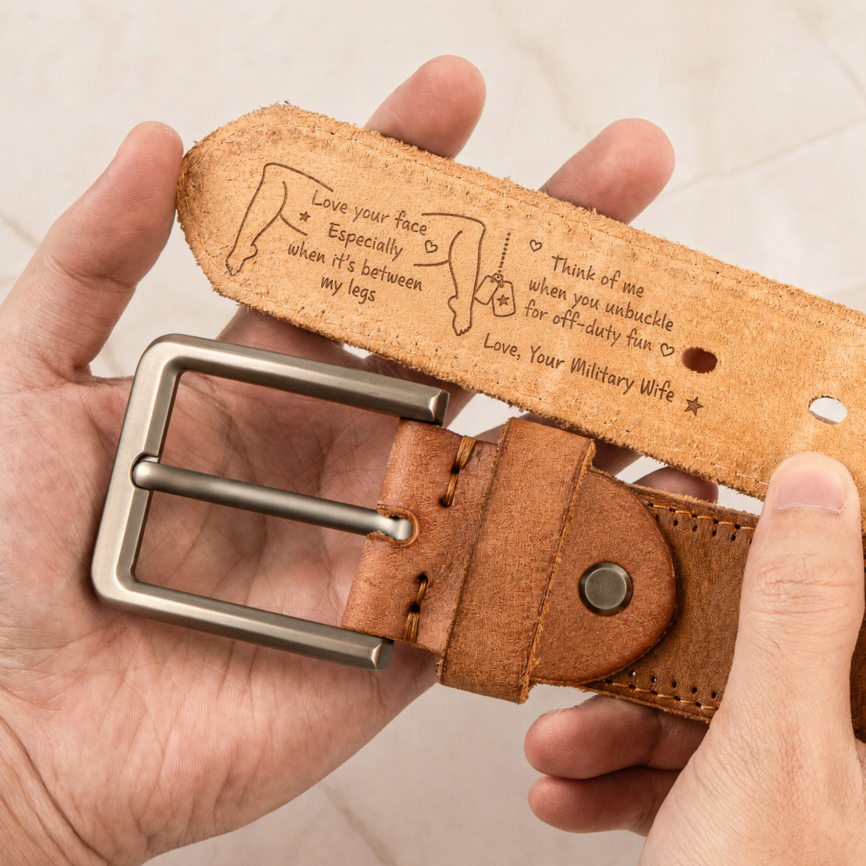 Personalized Military Wife Leather Belt – Custom Name Engraved Funny Military Gift for Husband, Soldier or Veteran