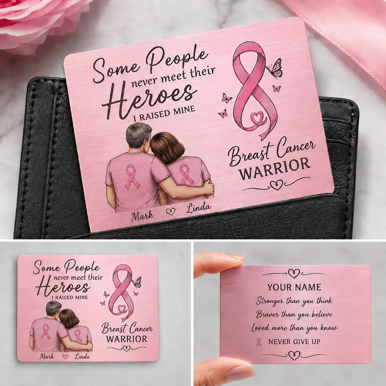 Personalized Breast Cancer Metal Wallet Card – Custom Name Stainless Steel Encouragement Card, Cancer Survivor Gift, Chemo Support Gift for Friend, Mom, Wife