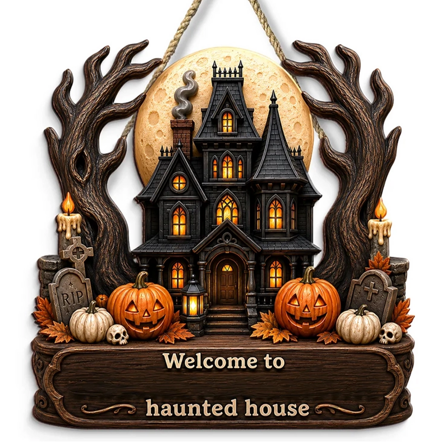 Personalized Wooden Sign with Haunted House Ghosts & Pumpkins, Halloween Door Decor, Unique Gift for Grandparents