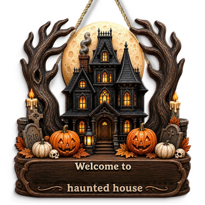 Personalized Wooden Sign with Haunted House Ghosts & Pumpkins, Halloween Door Decor, Unique Gift for Grandparents
