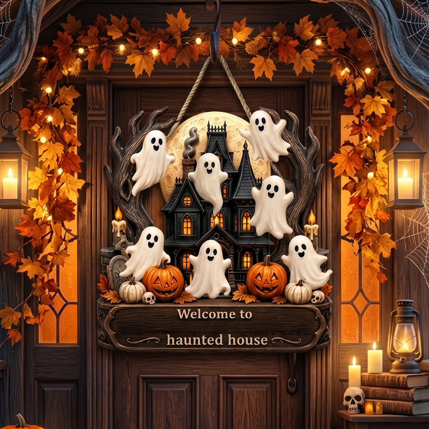 Personalized Wooden Sign with Haunted House Ghosts & Pumpkins, Halloween Door Decor, Unique Gift for Grandparents