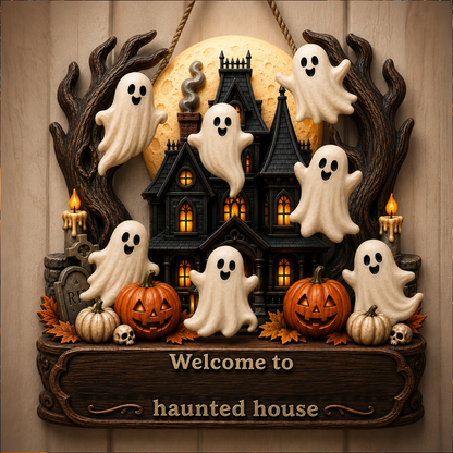 Personalized Wooden Sign with Haunted House Ghosts & Pumpkins, Halloween Door Decor, Unique Gift for Grandparents