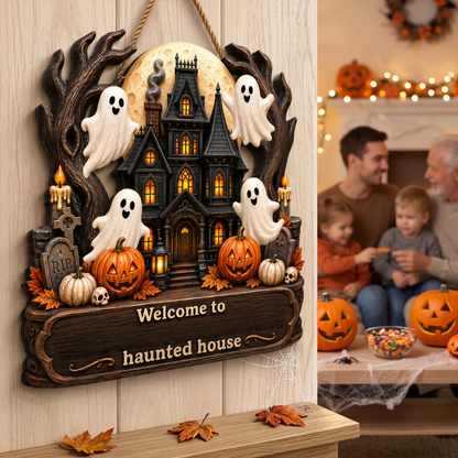 Personalized Wooden Sign with Haunted House Ghosts & Pumpkins, Halloween Door Decor, Unique Gift for Grandparents