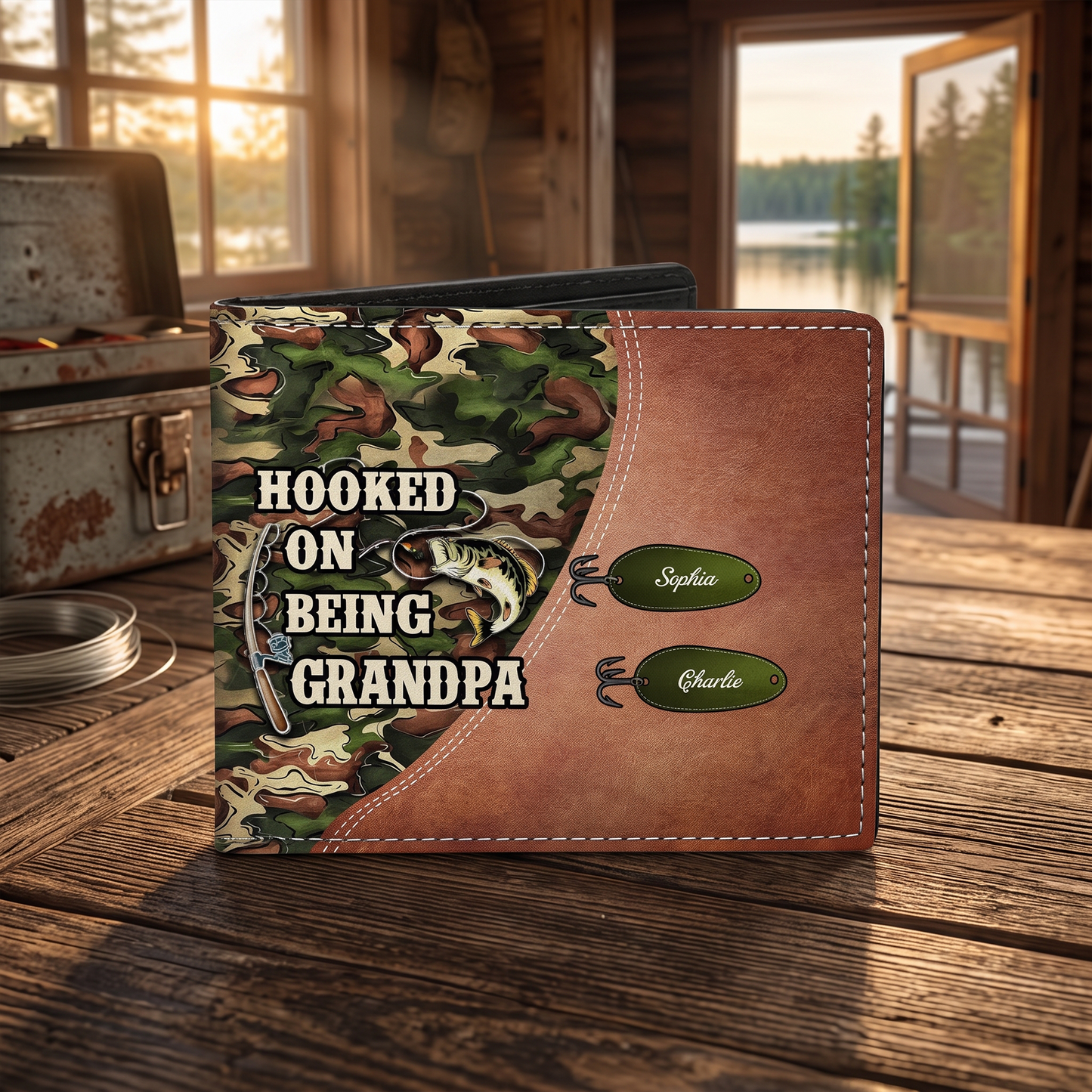 Hooked On Being Fishing Grandpa Camouflage Personalized Men’s Wallet
