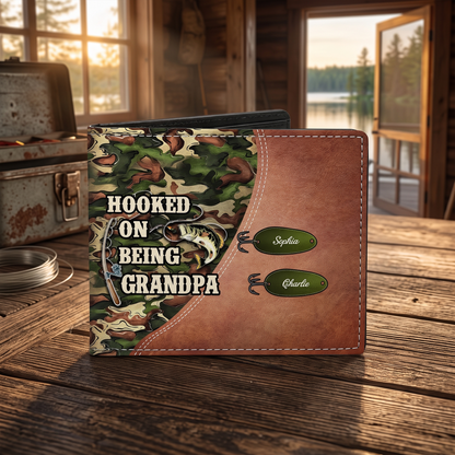 Hooked On Being Fishing Grandpa Camouflage Personalized Men’s Wallet