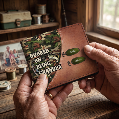 Hooked On Being Fishing Grandpa Camouflage Personalized Men’s Wallet