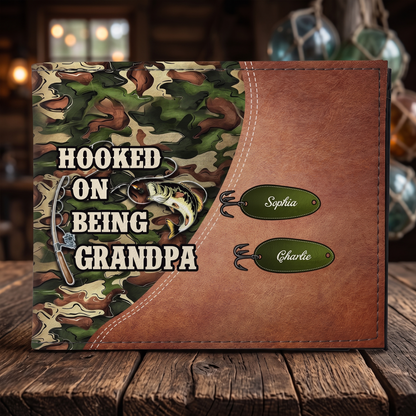 Hooked On Being Fishing Grandpa Camouflage Personalized Men’s Wallet
