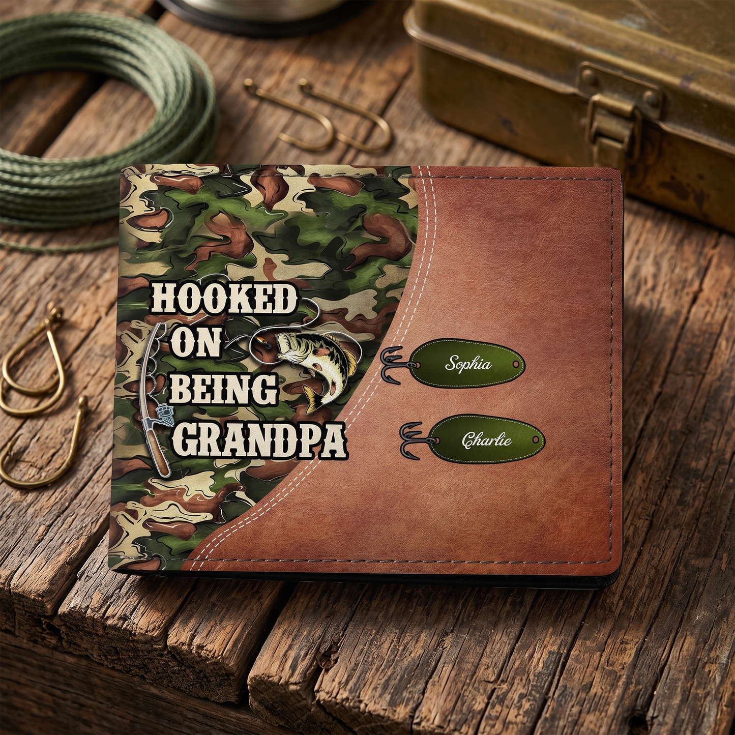 Hooked On Being Fishing Grandpa Camouflage Personalized Men’s Wallet