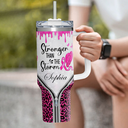 Breast Cancer Warrior Tumbler 40oz With Handle, Stronger Than The Storm 40oz Stainless Steel Tumbler With Lid and Straw, Cancer Fighter Cup