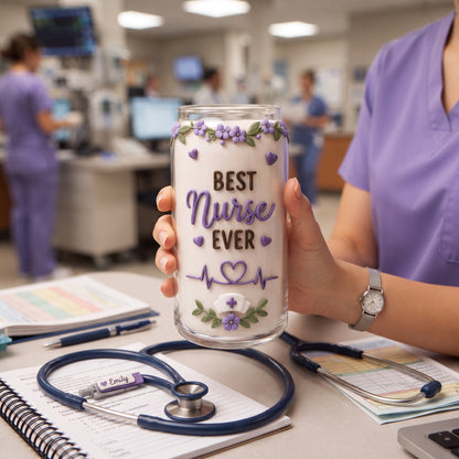 Personalized Nurse Photo Glass Can with Lid & Straw – Custom Photo Style Gift for Nurse, RN, CNA, Healthcare Worker