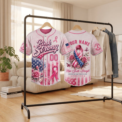 Personalized Pink Strong Breast Cancer Awareness Baseball Jersey – Custom Name & Number, Hope Faith Strength Survivor Support Shirt