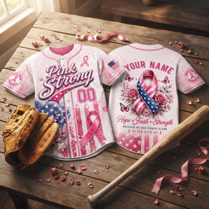 Personalized Pink Strong Breast Cancer Awareness Baseball Jersey – Custom Name & Number, Hope Faith Strength Survivor Support Shirt