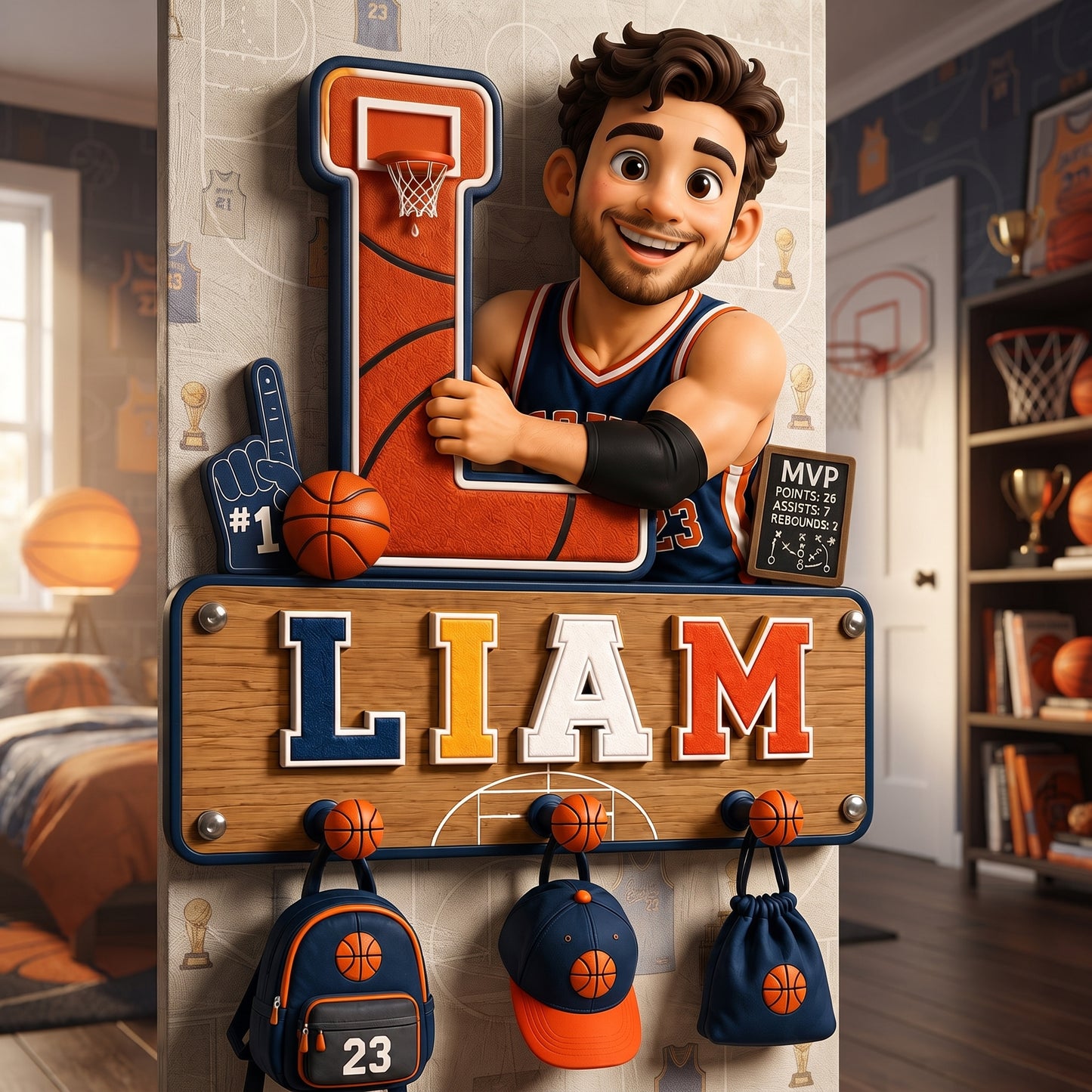 Personalized Basketball Boy Wooden Key Holder With Shelf – Custom Photo Wall Hook Organizer, Basketball Room Decor Gift For Kids & Players