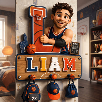 Personalized Basketball Boy Wooden Key Holder With Shelf – Custom Photo Wall Hook Organizer, Basketball Room Decor Gift For Kids & Players