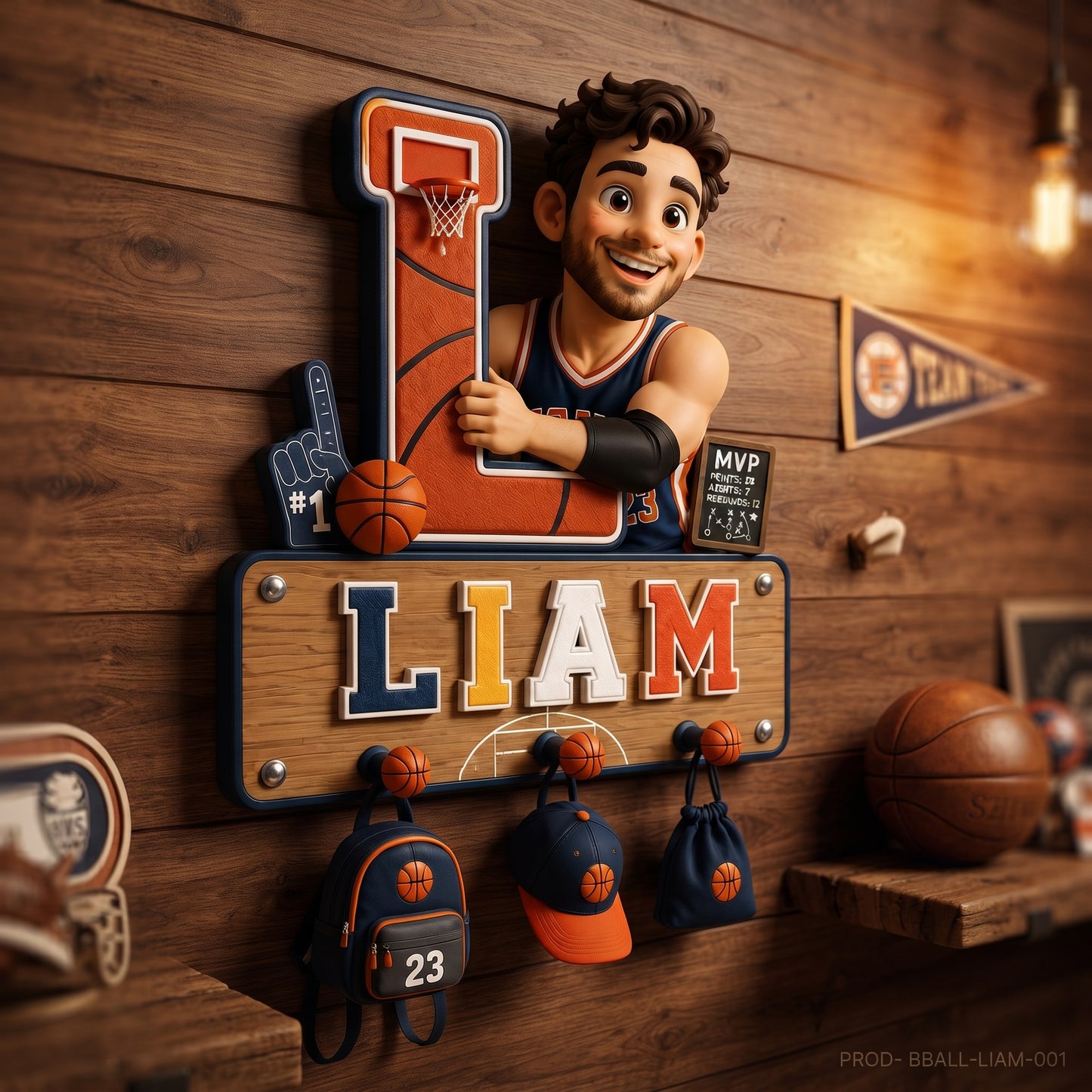 Personalized Basketball Boy Wooden Key Holder With Shelf – Custom Photo Wall Hook Organizer, Basketball Room Decor Gift For Kids & Players