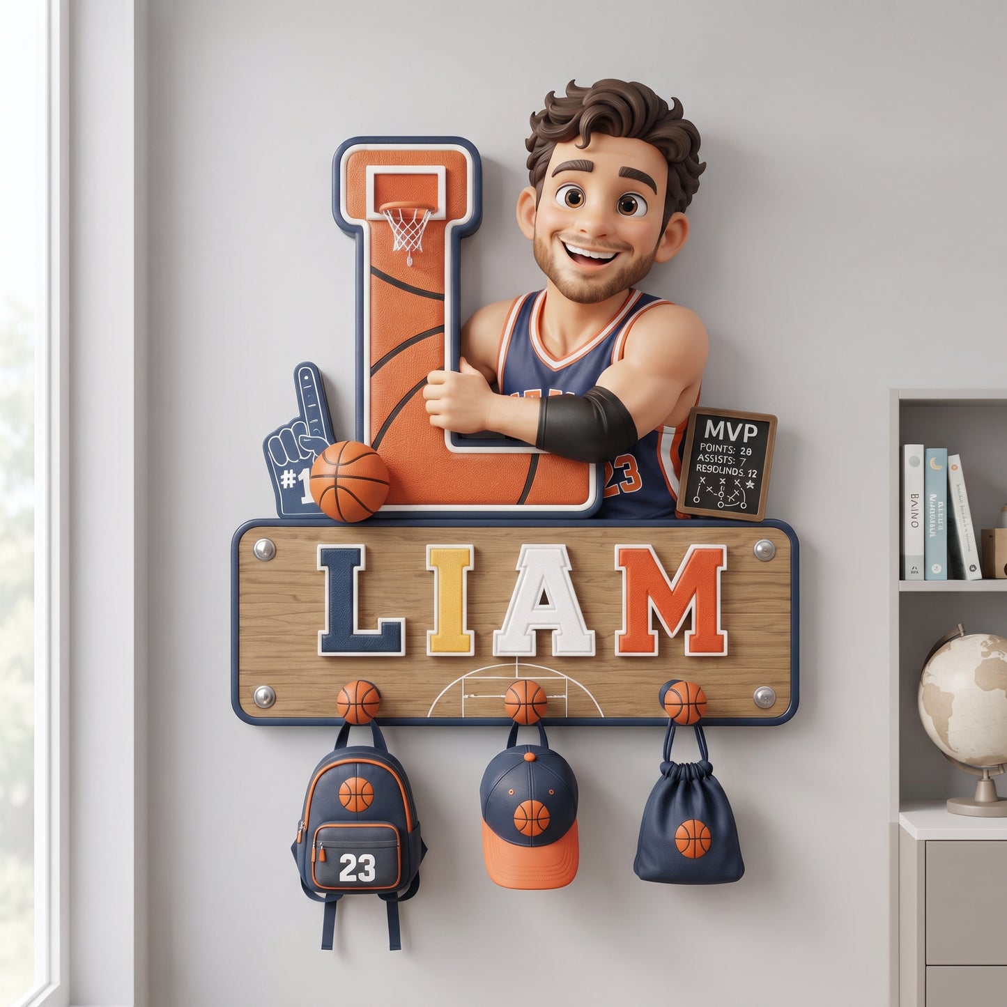 Personalized Basketball Boy Wooden Key Holder With Shelf – Custom Photo Wall Hook Organizer, Basketball Room Decor Gift For Kids & Players