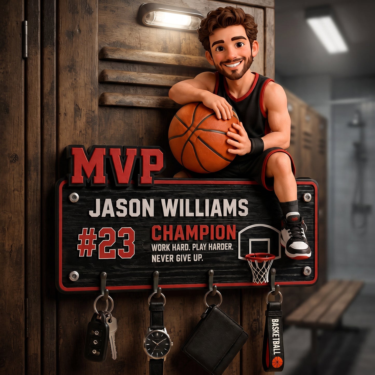 Personalized Basketball MVP Wooden Key Holder With Hooks – Custom Photo, Name & Number Wall Organizer Gift For Basketball Player, Coach, Dad, Husband, Boyfriend