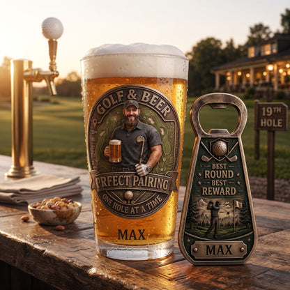 Personalized Golf Dad Beer Pint Glass & Bottle Opener Set – Custom Photo & Name Golf GPS Course Layout Gift for Golfer