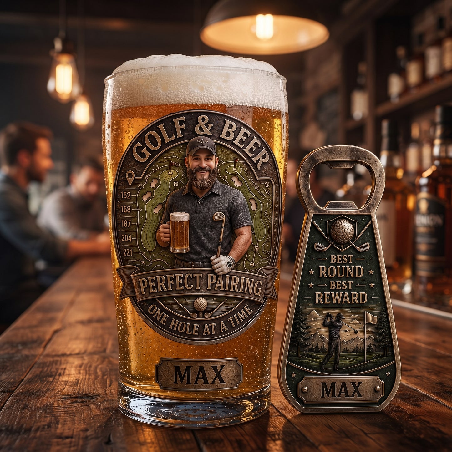 Personalized Golf Dad Beer Pint Glass & Bottle Opener Set – Custom Photo & Name Golf GPS Course Layout Gift for Golfer