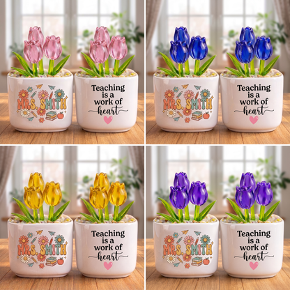 Teaching Is A Work Of Heart, Personalized Glass Everlasting Tulips, Teacher Appreciation Gift