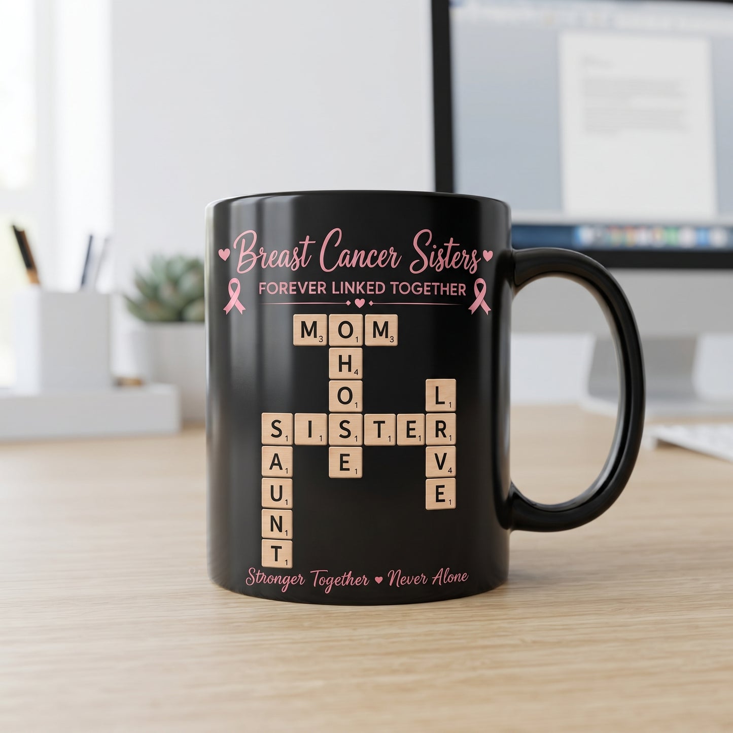 Personalized Breast Cancer Scrabble Name Mug – Forever Linked Together Support Gift