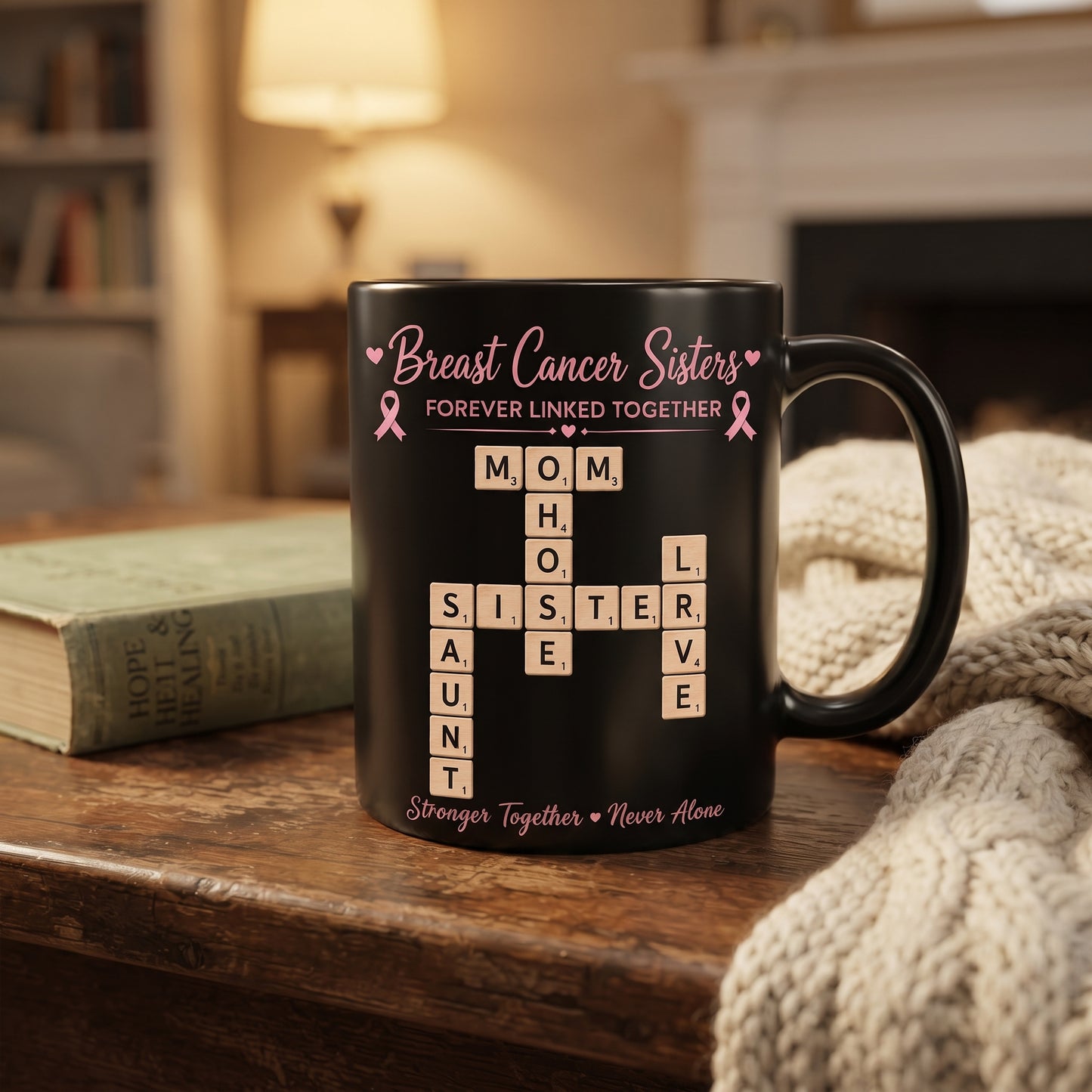 Personalized Breast Cancer Scrabble Name Mug – Forever Linked Together Support Gift