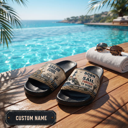 Personalized Sailor Slide Sandals – Sailor Soul, Born To Sail Forced To Work Custom Name Nautical Gift