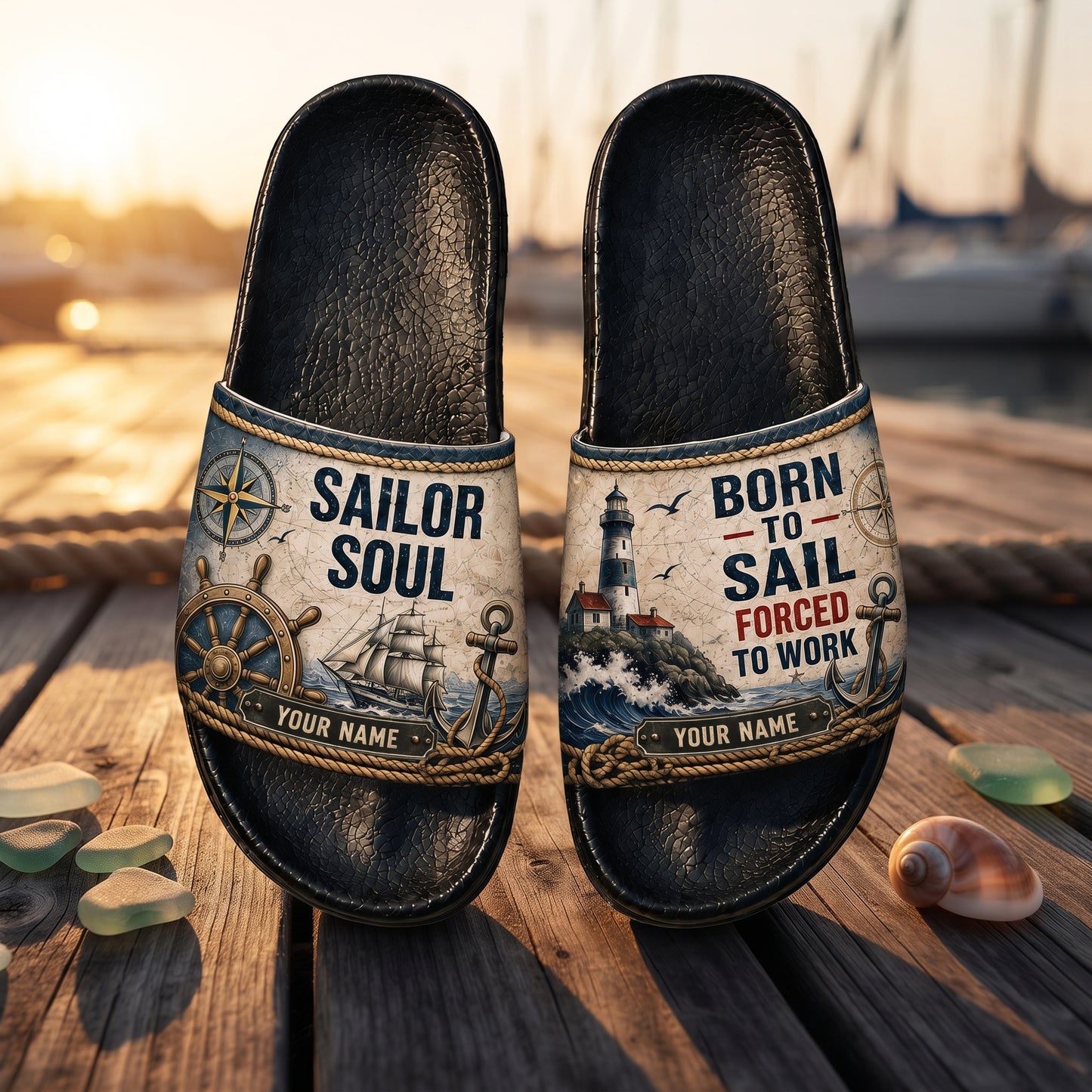 Personalized Sailor Slide Sandals – Sailor Soul, Born To Sail Forced To Work Custom Name Nautical Gift