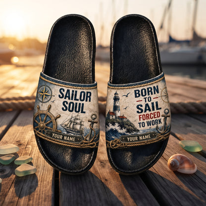 Personalized Sailor Slide Sandals – Sailor Soul, Born To Sail Forced To Work Custom Name Nautical Gift