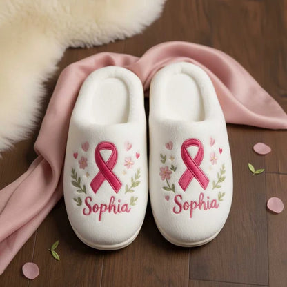Personalized 3D Printed Effect Breast Cancer Cotton Slippers – Meaningful Awareness Gift with Custom Name