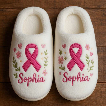 Personalized 3D Printed Effect Breast Cancer Cotton Slippers – Meaningful Awareness Gift with Custom Name