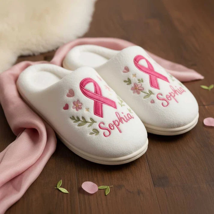 Personalized 3D Printed Effect Breast Cancer Cotton Slippers – Meaningful Awareness Gift with Custom Name