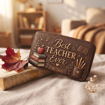 Personalized Best Teacher Ever Genuine Leather Clutch Wallet – Custom Teacher Name Embossed Style Pebbled Leather Wallet Gift