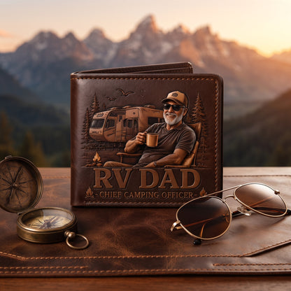 Personalized RV Dad Leather Wallet – Custom Camping Gift for Father, Adventure Lover & Road Trip Dad