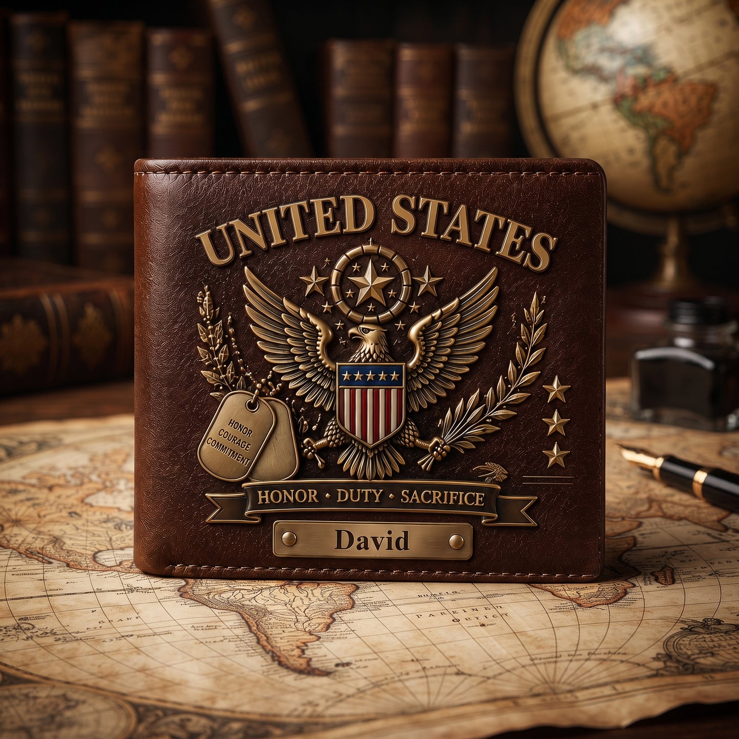 United States Veteran Personalized Wallet – Honor Duty Sacrifice Patriotic Eagle Custom Name Leather Wallet, Military Appreciation Gift